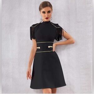 Black Fringe Shift Dress w| Gold Trim